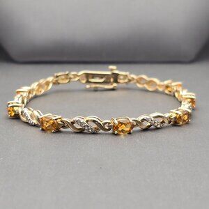 Citrine & Clear Quartz Tennis Bracelet 7.25" Gold Vermeil 925 Signed SUN